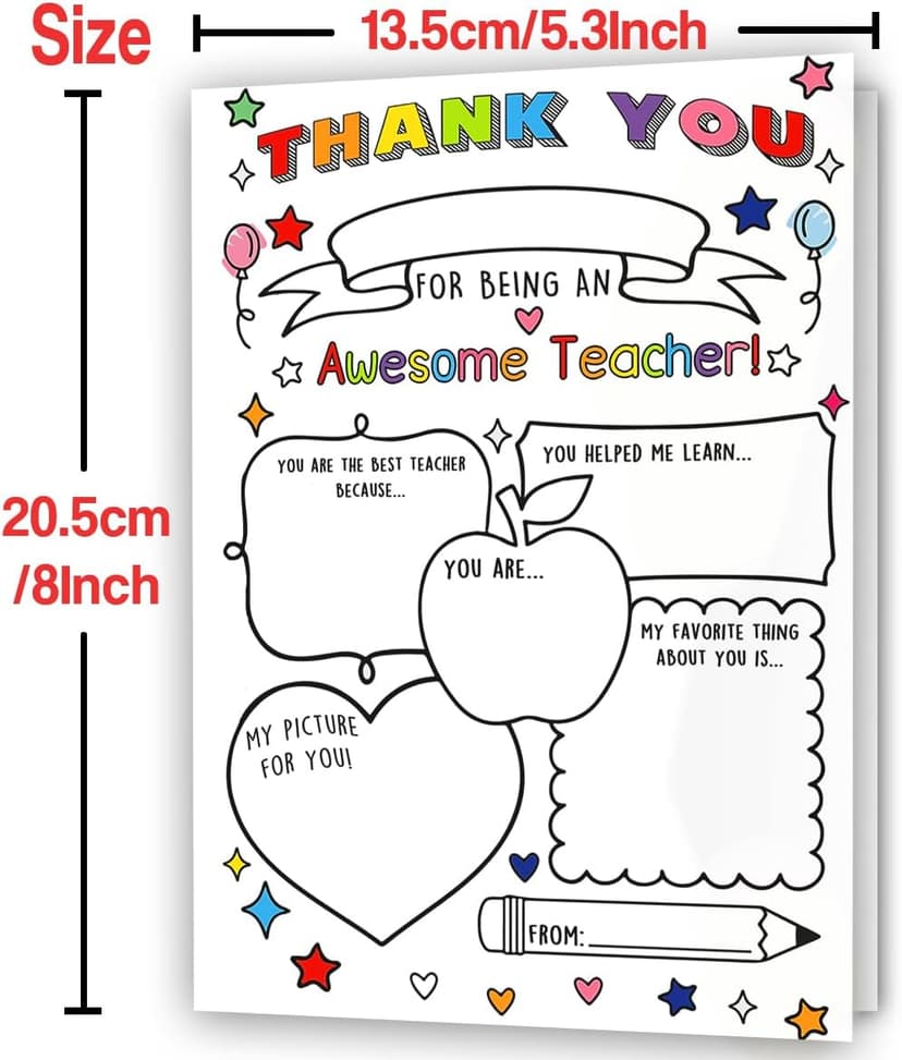 Fill in the Blanks,Teacher Thank You Gifts Idea from Kids Students with Envelopes,Premium 8x5.3 Inch Cardstock,Blank Inside Hongshan Thank You Card for Teacher,Funny Appreciation Card Gift Decoration B0DQC6YMVT