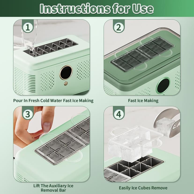 Portable Ice Maker, Fast Ice Making, Quiet, Energy-Efficient, with Ice-Cubes Detachment Rack and Removable Top Cover, Ice Makers Countertop for Home, Office, Parties, Camping, Travel