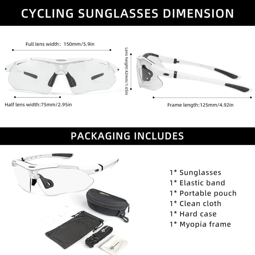 ROCKBROS Photochromic Sports Sunglasses Mens Pickleball Glasses Cycling Glasses MTB Sunglasses, with Removable Elasctic Band