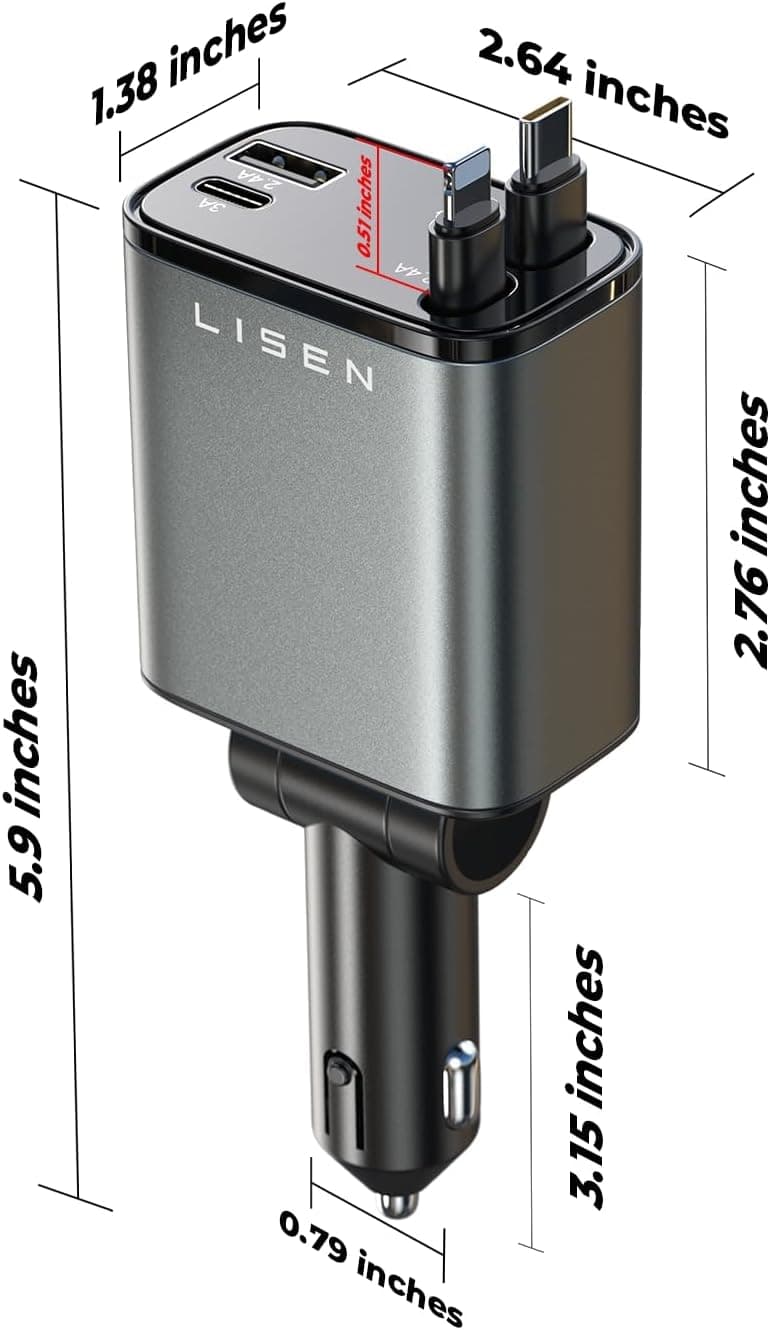 LISEN Retractable Car Charger, 69W USB C Car Accessories Adapter for iPhone 17 USB C Charger Fast Charging, Gifts for Women Men, Travel Essentials, for iPhone 17 Pro Max Air 16 15 14 13 12 Samsung S25