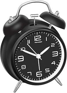 Peakeep 4 Inches Twin Bell Loud Alarm Clock for Heavy Sleepers, Backlight, Battery Operated Old Fashioned Alarm Clock for Bedrooms (3D-Dial, Black)