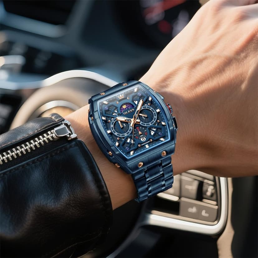 OLEVS Watches for Men Analog Quartz Luxury Diamond Waterproof Chronograph Stainless Steel Big Face Square Date Moon Phase Roman Numeral Dress Watch for Men