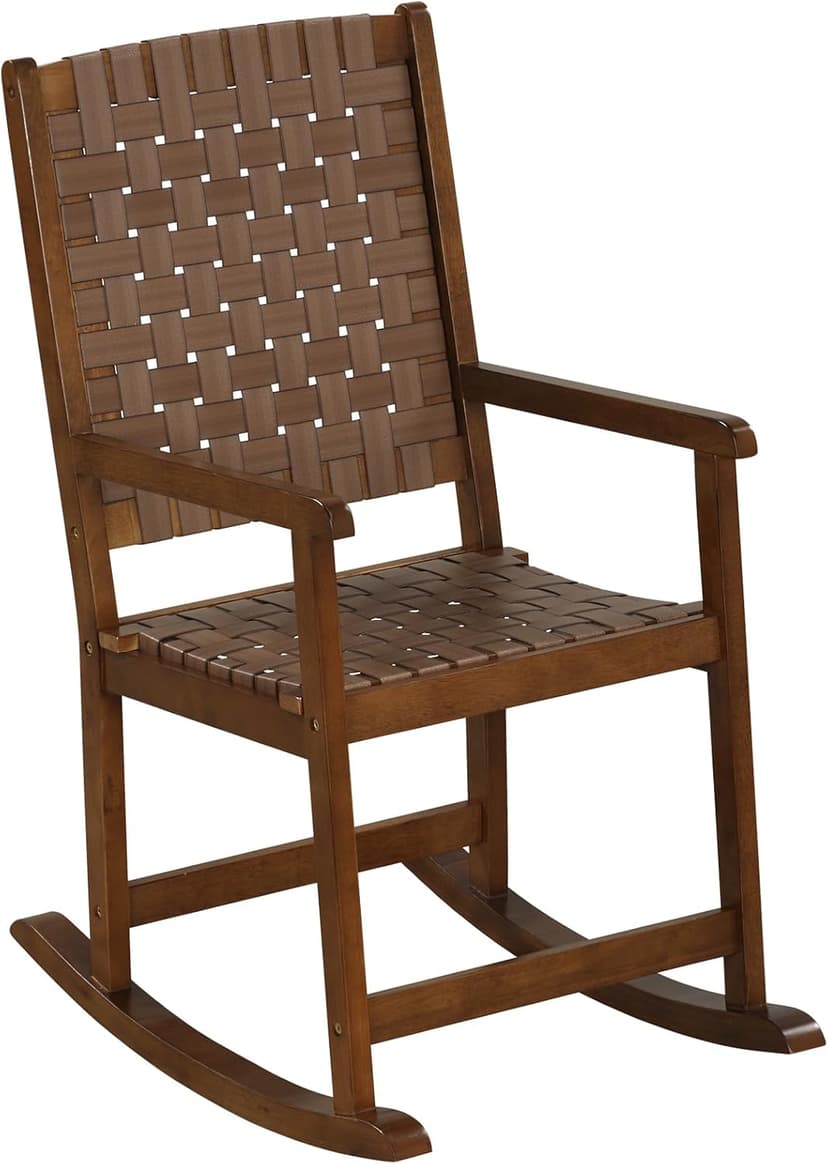 Tangkula Outdoor Rocking Chair, All Weather PU Seat & Rubber Wood Frame Porch Rocker, Safe & Smooth Rocking Motion, Ergonomic Patio Rocking Chair for Garden, Lawn, Balcony, Indoor (1, Brown)