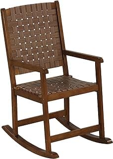 Tangkula Outdoor Rocking Chair, All Weather PU Seat & Rubber Wood Frame Porch Rocker, Safe & Smooth Rocking Motion, Ergonomic Patio Rocking Chair for Garden, Lawn, Balcony, Indoor (1, Brown)