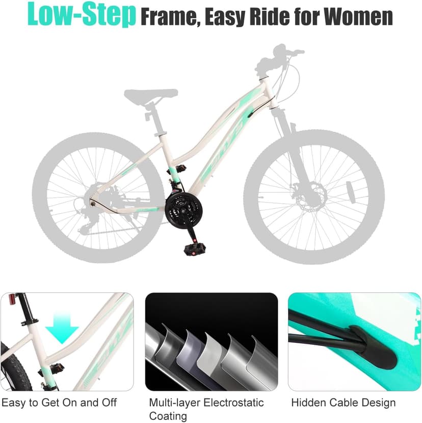 24/26 Inch Mountain Bike for Women & Girls, Twist Shifter, Dual Disc Brakes, Lockout Fork, 2.35" All Terrain Tires, Low Step Steel Frame, 85% Pre-Assembled