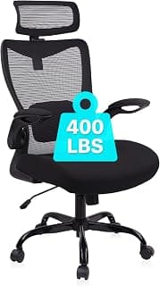 CLATINA Heavy Duty Ergonomic Mesh Office Chair 400LBS, Big and Tall Desk Chair with Adjustable Lumbar Support & Headrest, Flip Up Padded Arms, Swivel Computer Chair for Home, Study, Conference, Black