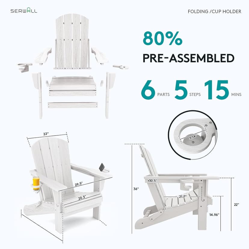 SERWALL Adirondack Chair with Cup Holders - Composite Adirondack Chairs Set of 2 HDPE Outdoor Chairs All Weather Use- White