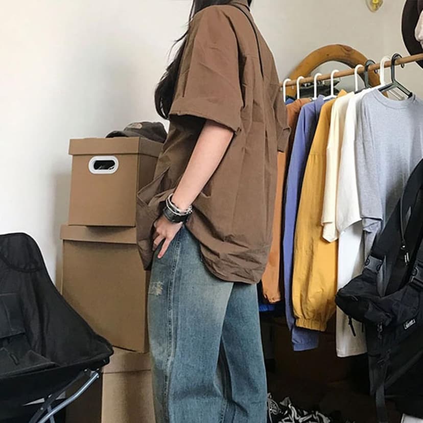 UICIOP Korean Version Women's Shirt Retro Lapel Button up Shirt Women's Summer Loose Casual Short Sleeved top