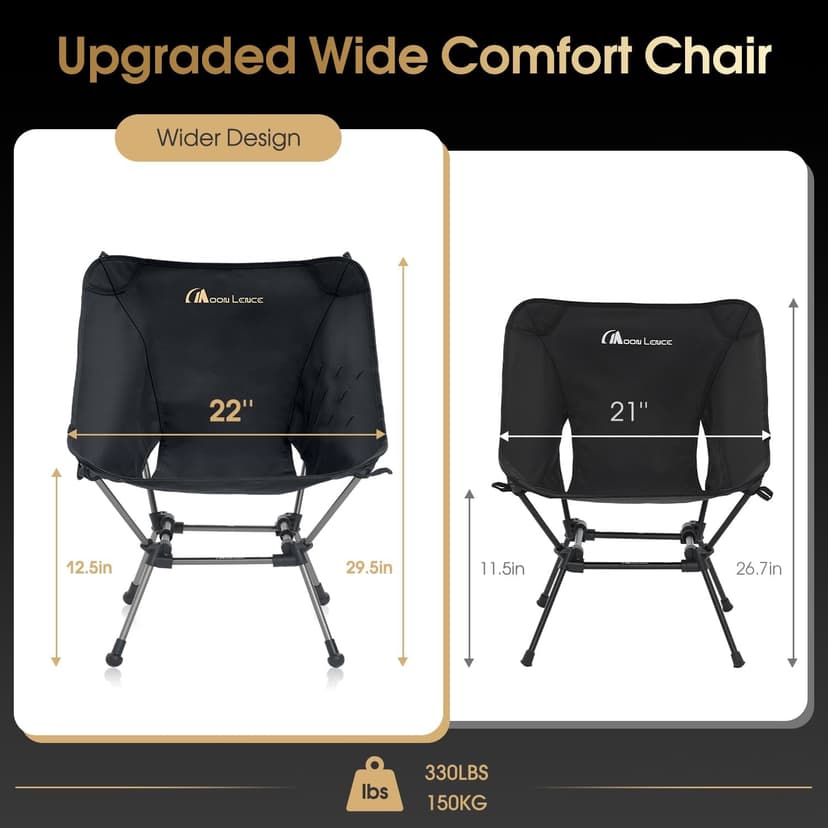 MOON LENCE Portable Camping Chair Plus, Larger & Roomier, Compact and Lightweight Still, Folding Chair for Backpacking & Hiking, 330Lbs Capacity (Black)