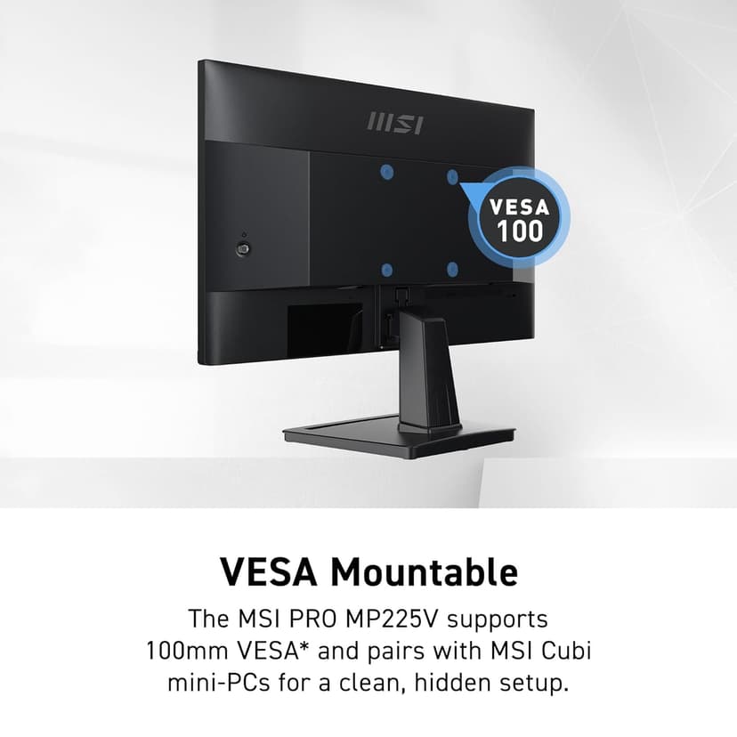 msi PRO MP225V, 22-inch, 1920 x 1080 (FHD) Computer Monitor, 100Hz, Adaptive-Synch, HDMI, Video Port, Low Blue Light, Eye-Q Check, VESA Mountable, Tilt, 1ms, Black