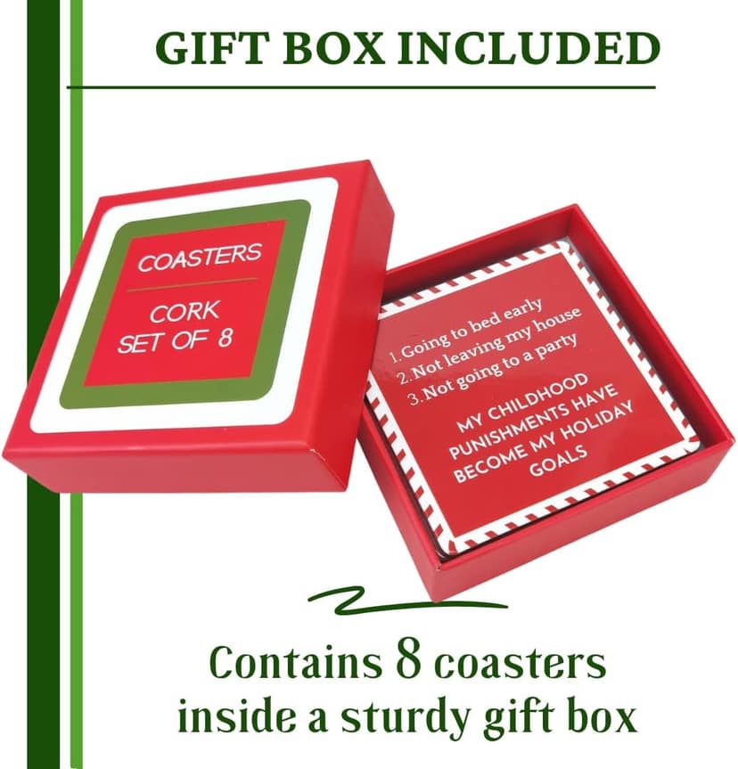 Christmas Coasters | Funny Cork Coasters | 8 in Gift Box | Hostess Gifts (Holiday)