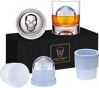 Skull Whiskey Rocks Glass, Set of 4 (2 Crystal Bourbon Glasses, 2 Big Ice Ball Molds) In Gift Box - 10 Oz Old Fashioned Glasses for Scotch Cocktail Rum Cognac Vodka Liquor, Unique Gifts for Men