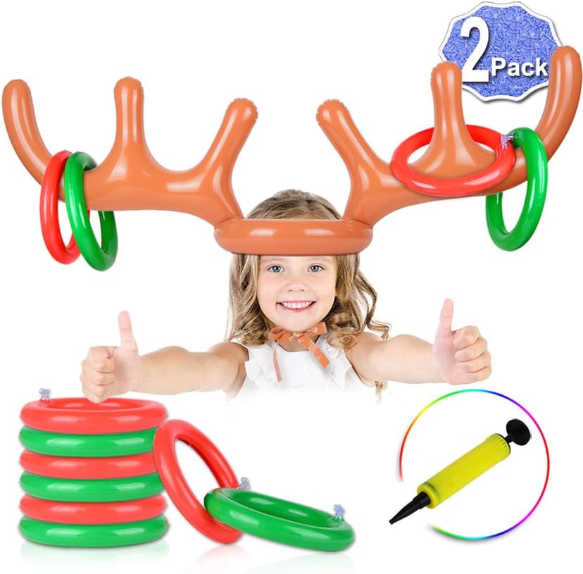 2 Set Inflatable Reindeer Antlers Ring Toss Game, Christmas Games for Family Party Great for Adults and Kids
