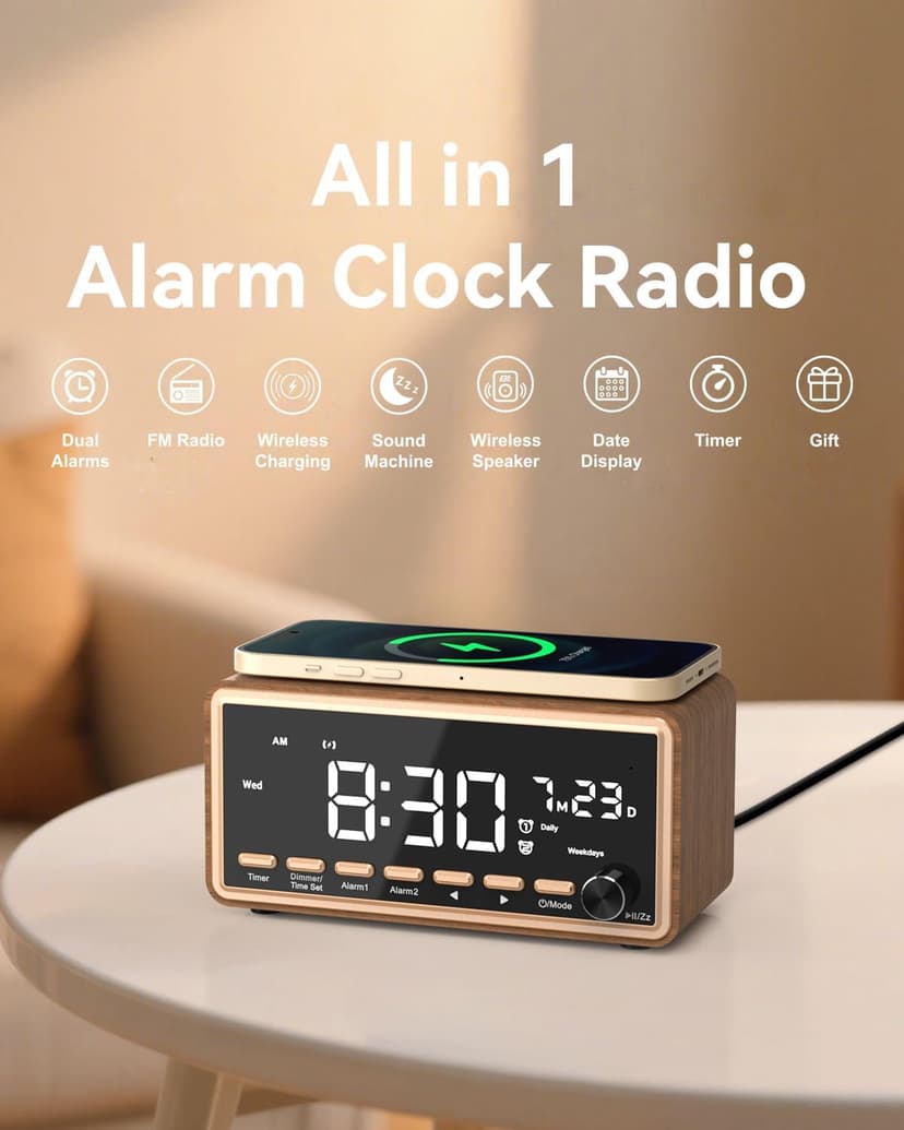 Digital Alarm Clocks Radio for Bedrooms,FM Radio & White Noise Sound Machine with Timer,Bluetooth Speaker,Dual Alarm Clock with Wireless Charging,Dimmable Big LED Display,Holiday Gifts for Men Women