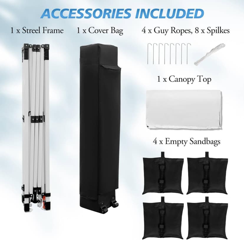 WEIZE Pop up Canopy Tent 10x10ft, 1-Button Push Setup, Instant Portable Shelter, Adjustable Height, Portable Roller Bag, 4 Weight Bags, Guy Ropes & Stakes Included, White
