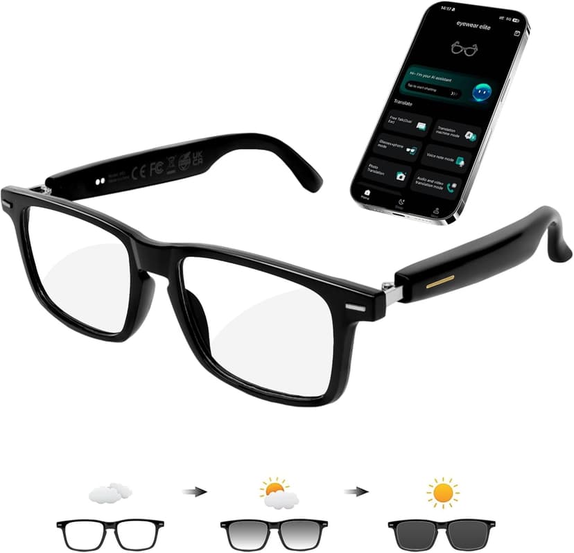 AI Smart Glasses for Men & Women – Powered by ChatGPT, 164+ Languages Translation and Photochromic Lens, Meeting Assistant, Bluetooth Glasses w/ Music & Hands-Free Calling, UV & Blue Light Protection