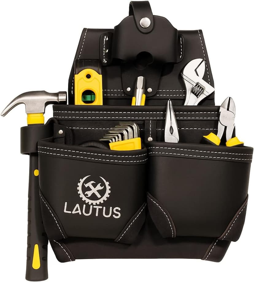 LAUTUS Oil Tanned Leather Tool Pouch Bag with Tape Measure Holder |Brown |Carpenter, Construction, Framers, Handyman | Construction Grade Leather|
