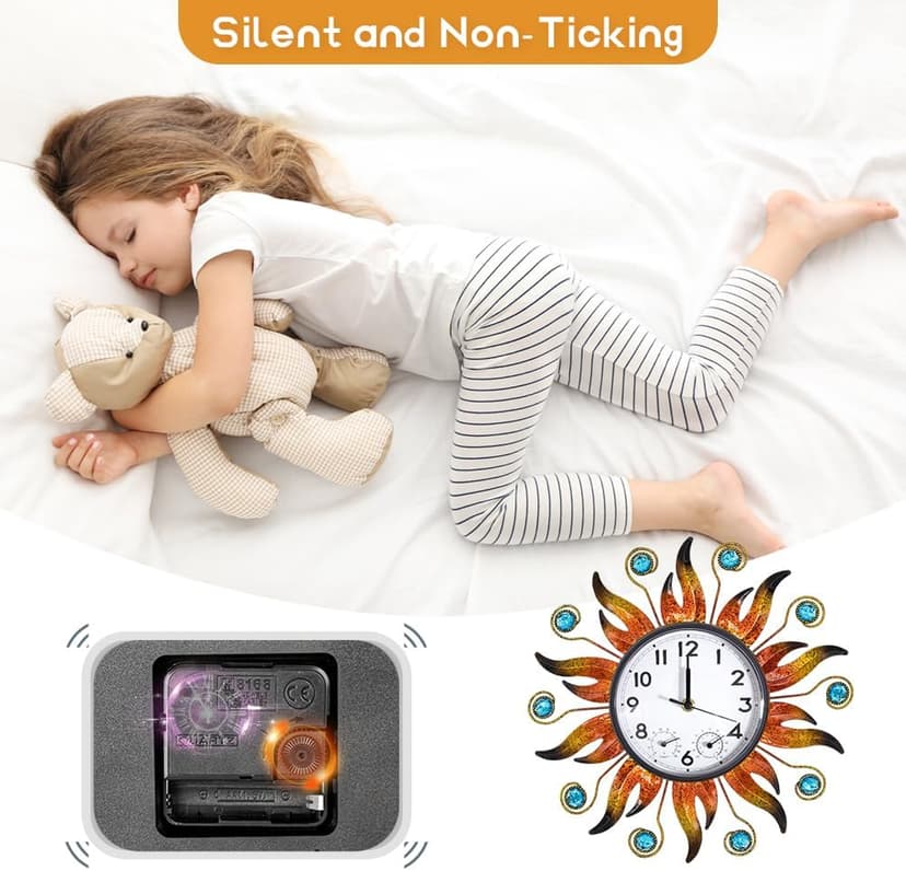 HOBYLUBY Sun Outdoor Clock with Thermometer and Hygrometer Combo, Silent No-Ticking Outdoor Wall Clock, Waterproof Quartz Clock for Patio, Living Room, Kitchen, Garden, 13 Inch