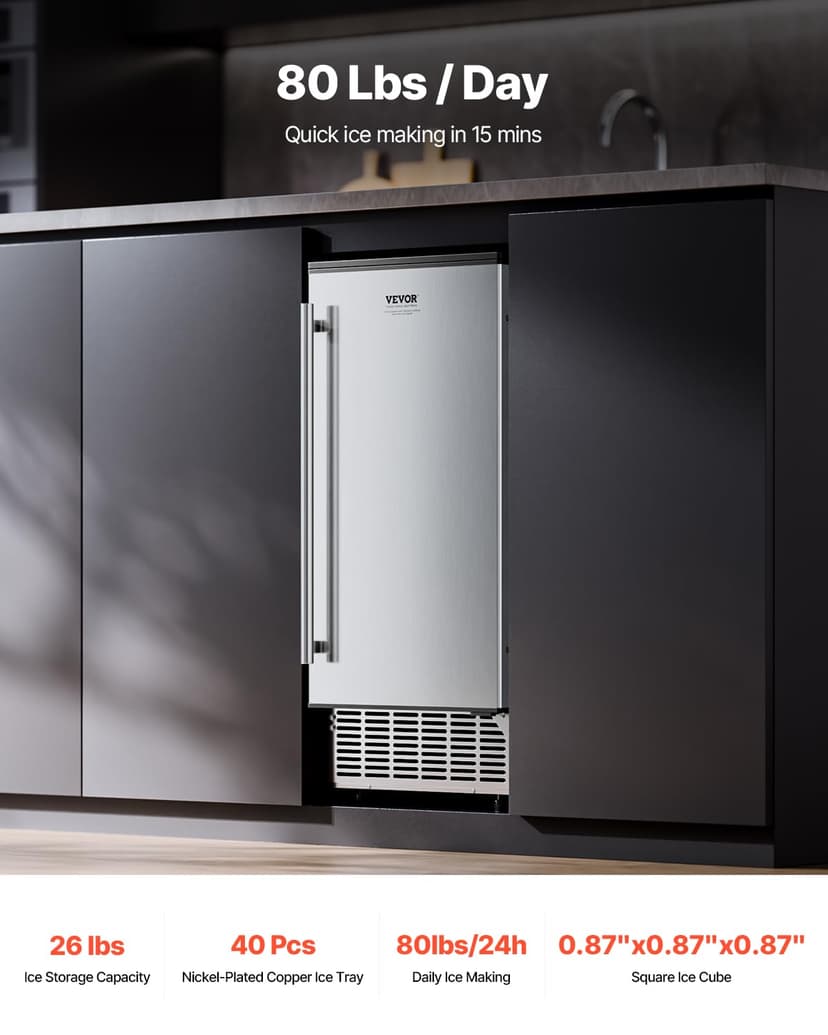 VEVOR Under Counter Ice Maker, 80 Lbs/Day Stainless Steel Built-in Ice Makers Machine with Drain Pump Reversible Door, 26lbs Storage Freestanding Ice Maker for Commercial Home Kitchen
