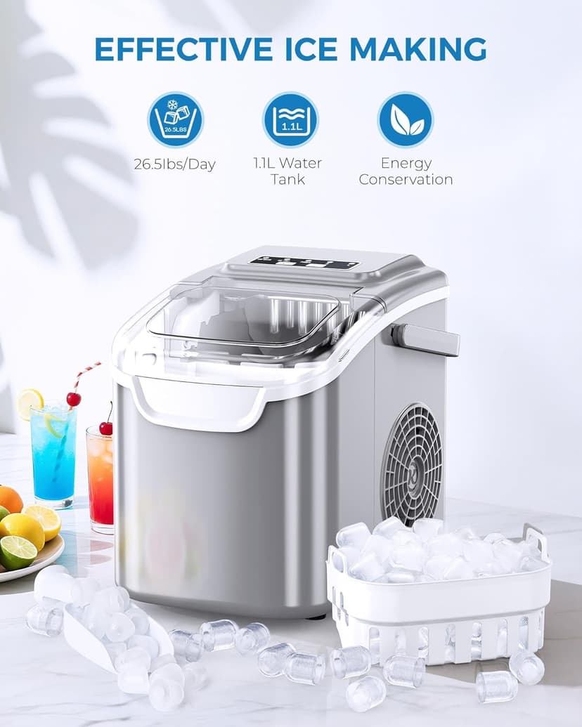 Antarctic Star Countertop Ice Maker Portable Ice Machine with Handle,Self-Cleaning Ice Makers, 26Lbs/24H, 8 Ice Cubes Ready in 6 Mins for Home Kitchen Bar Party (Grey)