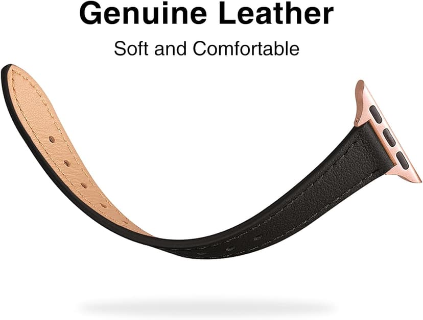 STIROLL Slim Leather Bands Compatible with Apple Watch Band 38mm 40mm 41mm 42mm(Series 11 10), Top Grain Leather Watch Thin Wristband for iWatch SE 9 8 7 6 5 4 3 2 1 (Black Rose Gold)