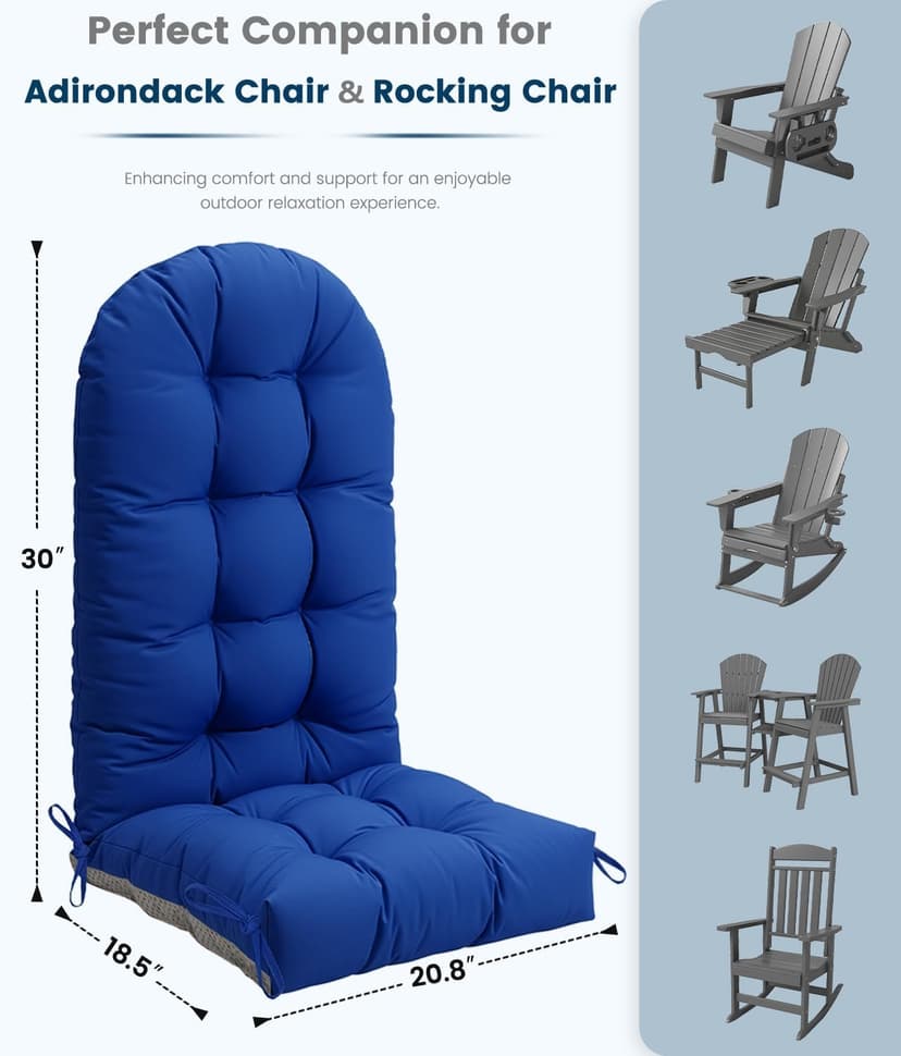 FOOWIN Adirondack Chair Cushion Set of 4, Thickened Rocking Chair Cushion,48.5×20.8×5.7 Inches,High Back Patio Cushions with Ties, Waterproof & UV-Protected, for Indoor and Outdoor, Navy Blue