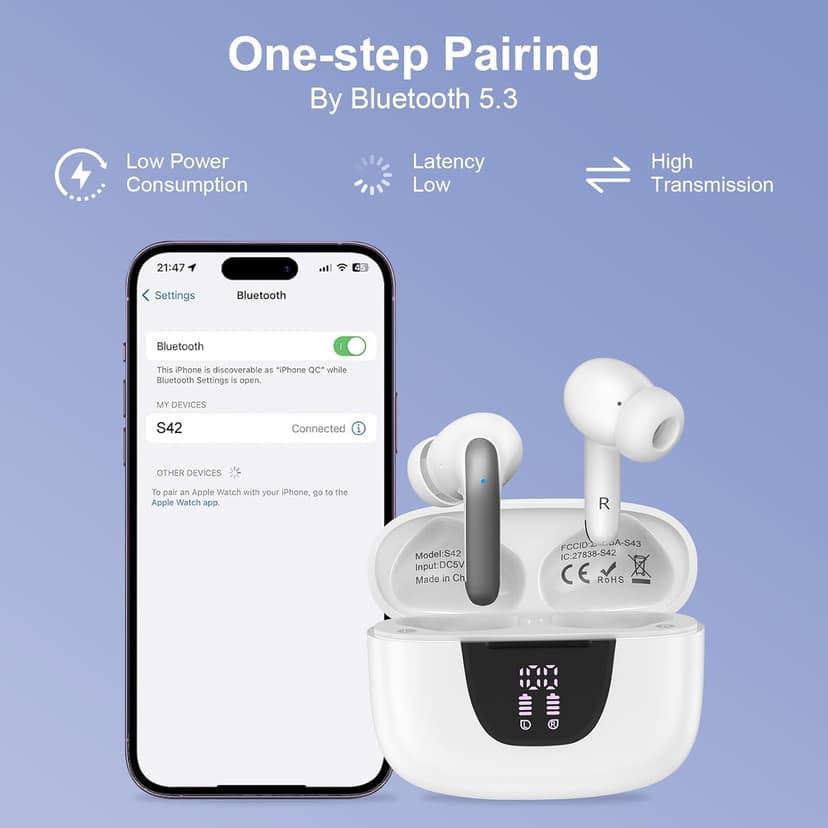 Wireless Earbuds Bluetooth Ear Buds Headphones for iPhone 17 Pro Max 17 Pro 17 Air 16 15 Pro Max 16e 16 15 Plus, iPhone Bluetooth Earbuds 48 Hours Playtime, IP7 Waterproof in-Ear Earphones