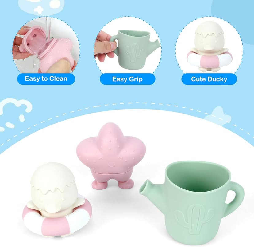 MCGMITT Baby Bath Toys for Kids Ages 1-3, 12 PCS Silicone Mold Free Bathtub Toys for 6-12 Months, Soft Stacking Cups & No Hole Duck & Floating Boats, Beach Sand Water Table Pool Toys for Toddlers