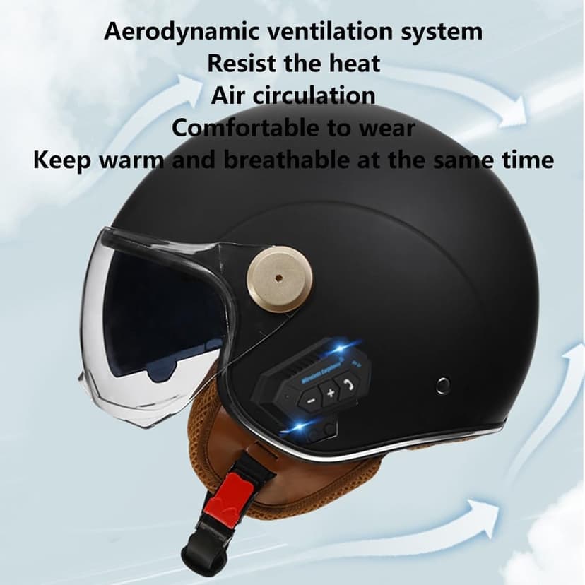 Retro 3/4 Bluetooth Motorcycle Open Face Half Helmet Microphone Dual Speakers and Double Visor Vintage Half Face Motorbike Bluetooth Helmet DOT Approved for Adults Men and Women