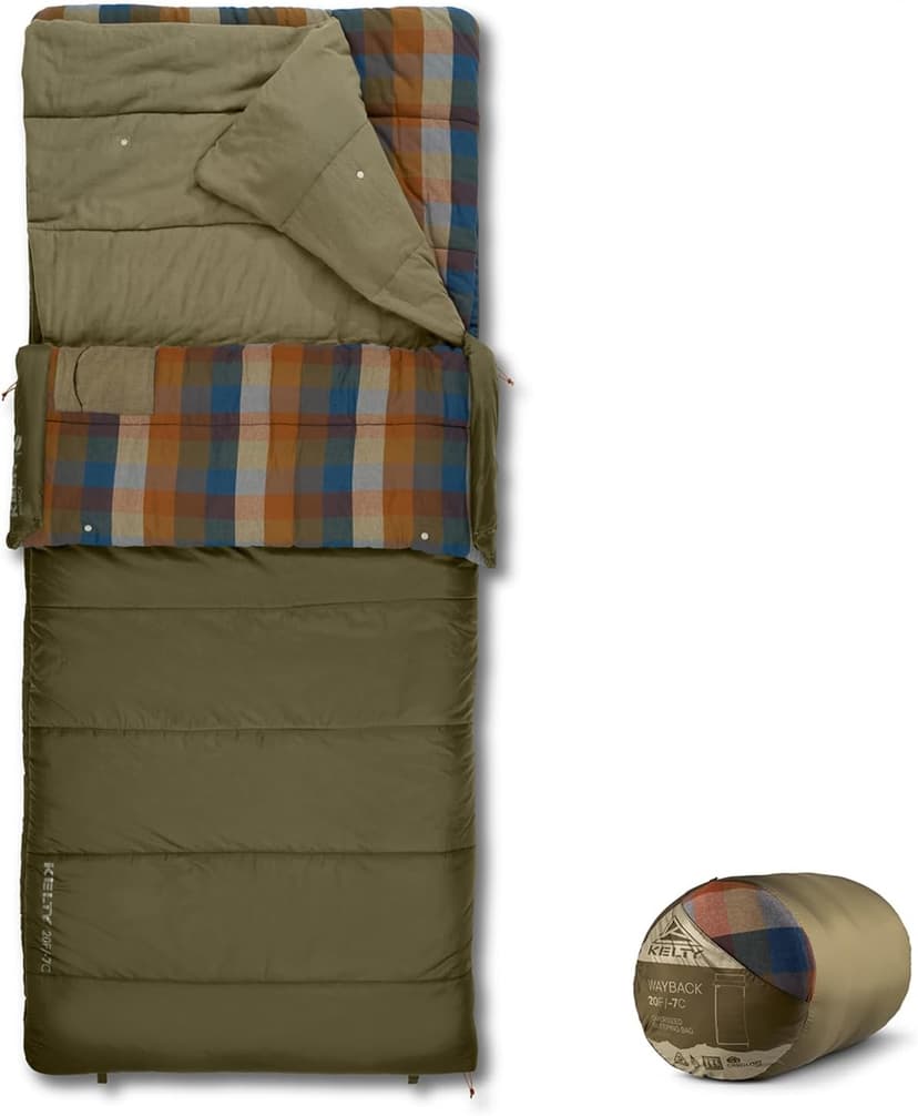 Kelty Wayback Flannel Lined Sleeping Bag, Built in Blanket, Traditional Rectangle Shape, Organic Flannel Cotton Liner, Dual Locking Slide Zips