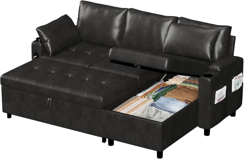 Esright Sleeper Sofa Bed, 3-in-1 Pull Out Couch with Reversible Chaise, Leather Sleeper Sofa with Storage, USB, Cup Holder, Pullout Sectional Couches for Apartment Living Room, Black | Hidden Storage Space
