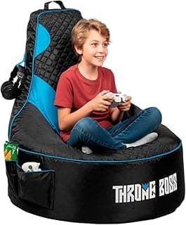 Throne Boss Gaming Bean Bag Chair Cover for Kids with High Back, Blue – Gamer Chair for Kids with 2 x Large Side Pockets, Headphone Hanger, Easy to Clean Fabric, Requires 200 Liters Polystyrene Beans