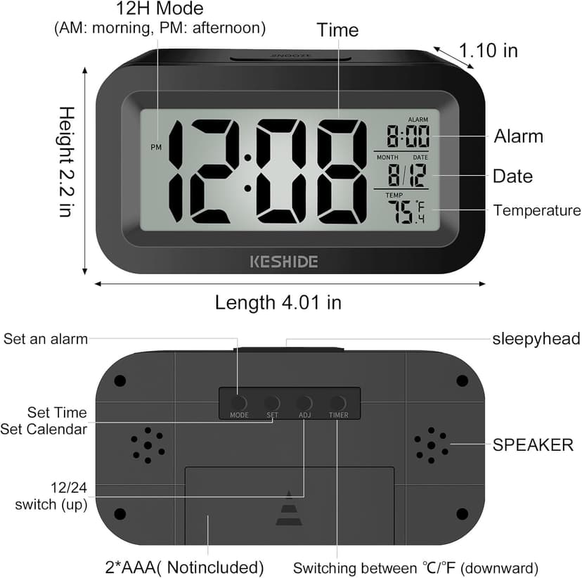 KESHIDE Travel Digital Alarm Clock, Battery Operated with Indoor Temperature, Desk Small Clock,Snooze Model,12/24H Display for Bedrooms Heavy Sleepers Kids Travel Bathroom (Black)