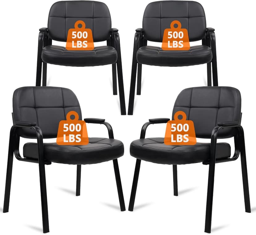 CLATINA Big & Tall 500 lbs Waiting Room Guest Chair, Leather Office Reception Chair No Wheels with Padded Arms for Elderly Home Desk Conference Room Lobby Side Salon Clinic, Black(4 Pack)