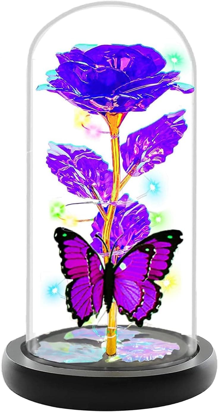 Christmas Rose Gifts for Women, Womens Gifts for Christmas Mom Sister Grandma Wife Her,Galaxy Crystal Light Up Rose Flower in A Glass Dome,Birthday Gifts for Women Butterfly Valentines Presents Purple
