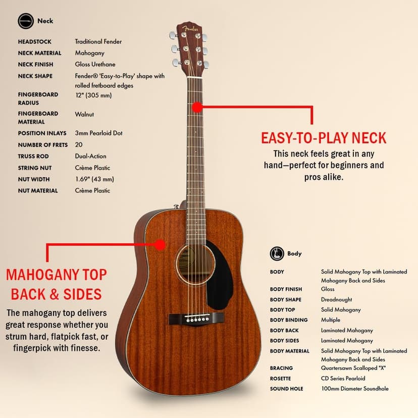 Fender CD-60S Solid Top Dreadnought Acoustic Guitar - All Mahogany Bundle with Gig Bag, Tuner, Strap, Strings, Picks, and Austin Bazaar Instructional DVD