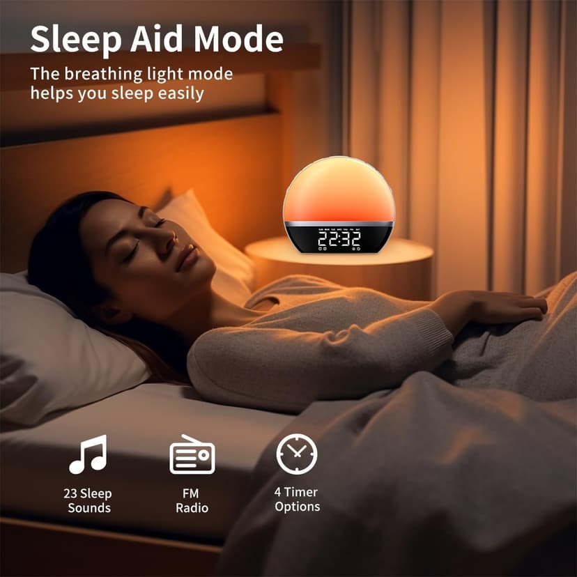 SoundLegend FM Radio Sunrise Alarm Clock Sound Machine Wake-Up Light Sunrise Sunset Simulation Adjustable Volume Brightness Sleep Aid 13 Colors 23 Sounds 28 Tunes Snooze Dual Alarm 4 Timers