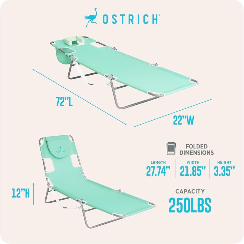 Ostrich the Original Chaise 72 x 22 Inch Lounge Portable Reclining Lounger, Outdoor Patio, Beach, Lawn, Camping, or Pool Tanning Chair, Teal