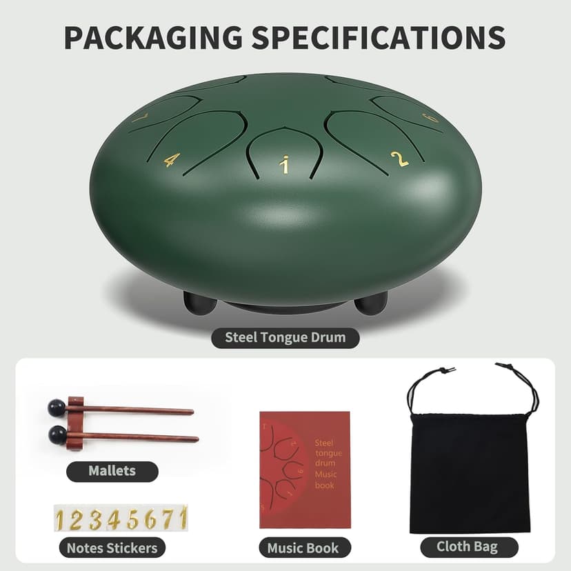 Rain Drum for Outside Garden, 6 Inches 8 Notes Steel Tongue Chakra Drums, Waterproof Meditation Rain Chime, Musical Instruments for Adult Gift with Bag, Music Book, Drum Mallets (Green) B0D9QJNPJ3