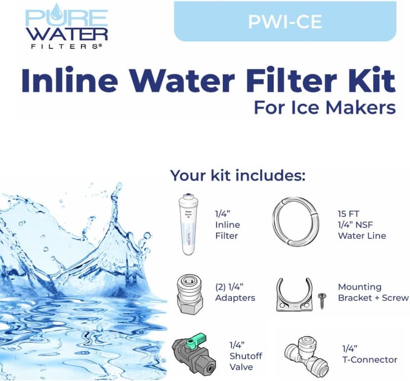 PureWater Filters Inline Water Filter Kit for Ice Maker with 1/4-Inch Direct Quick-Connect Fittings, Tubing and a T-Connector