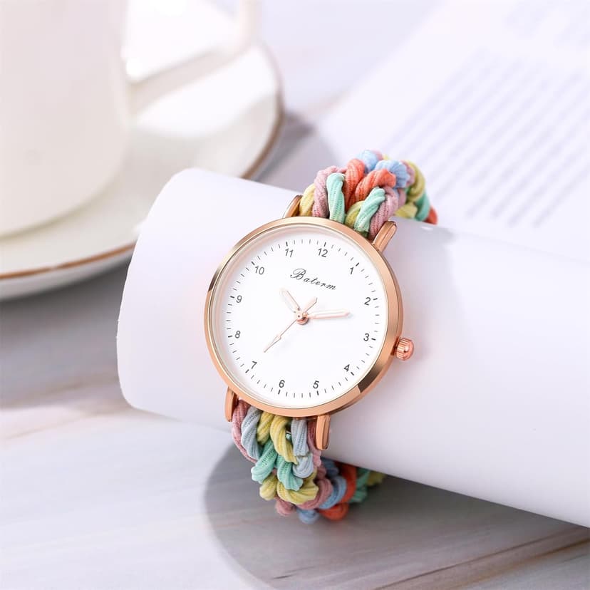 JewelryWe Womens Stretch Band Watches: Analog Quartz Elastic Watch Colorful Weave Rope Expansion Band Wristwatch for Valentine's Day