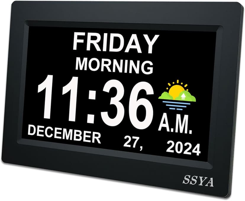 SSYA 7 Inch Calendar Clock - 12 Alarm Options, Level 5 Auto Dimmable Display,Extra Large Impaired Vision Digital Clock with Non-Abbreviated Day & Month (Black)