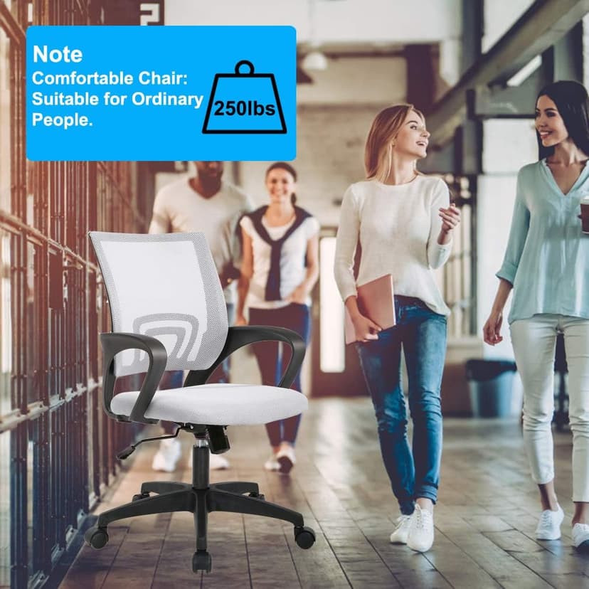 BestOffice | Ergonomic Office Chair | Mid-Back Swivel Desk Chair | Breathable Backrest & Lumbar Support | Adjustable Height | Sponge Seat | Rolling Wheels | White | for Adults & Women