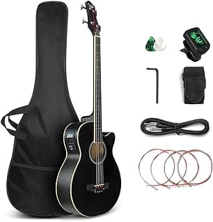 GLARRY Full Size Acoustic Electric Bass Guitar Beginner Kit, Cutaway 4 Strings Electric Acoustic Bass Guitar w/Inbuilt Tuner, Bag, Strap, Picks, Strings, Basswood Bass Guitarra, Matte Black