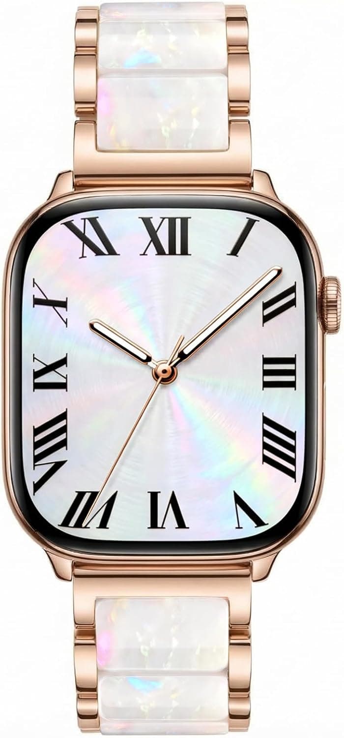 V.R.HOPE Apple Watch Band for Women 38mm 40mm 41mm 42mm Fashion Rose Gold Stainless Steel Metal Strap with Resin Inlay, Fashion Bracelet Compatible with iWatch Series 11/10/9/8/7/6/5/4/3/2/1/SE (Fluorescent White+Rose Gold)