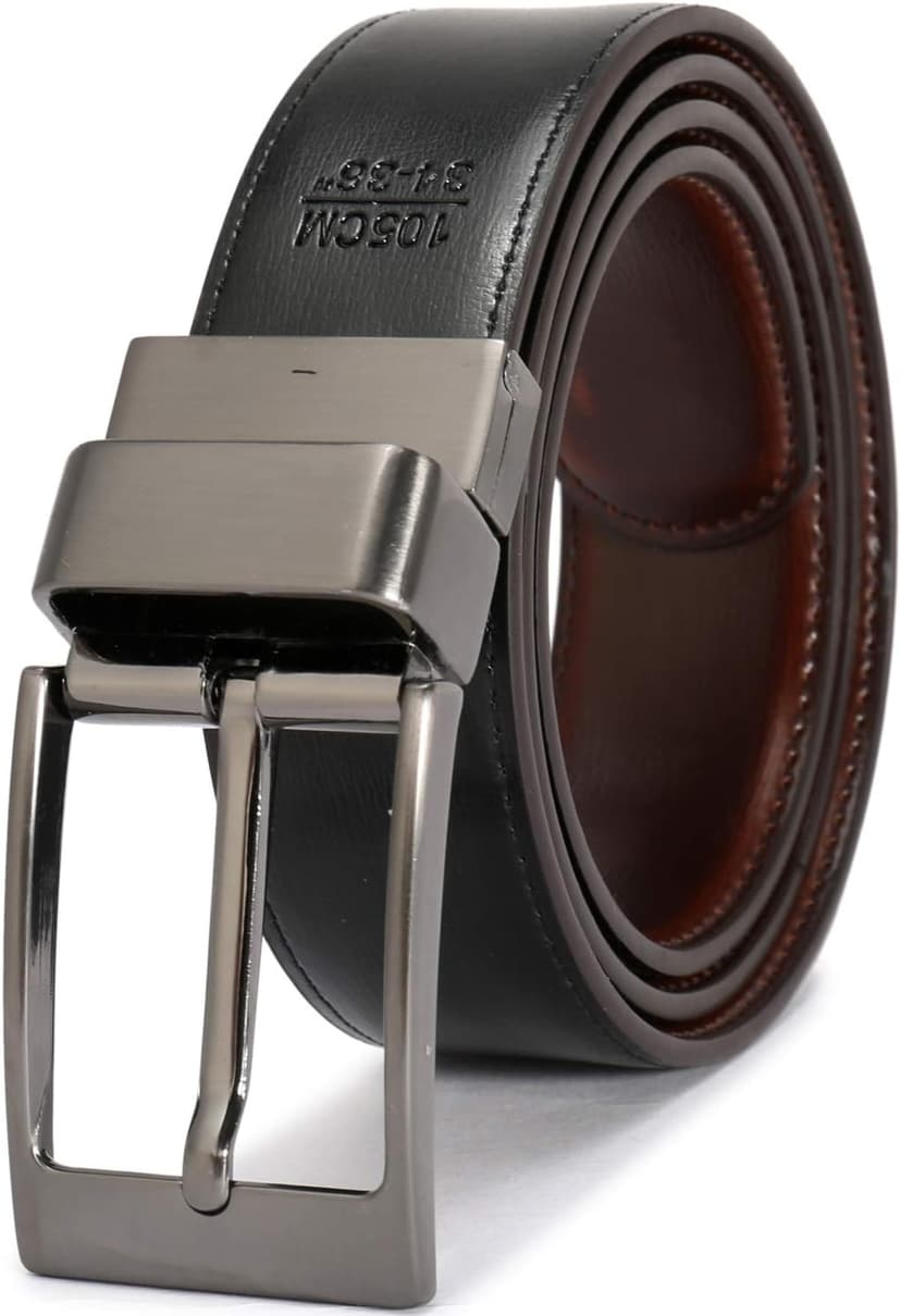 beltox fine Men's Dress Belt Leather Reversible 1.25" Wide Rotated Buckle Gift Box