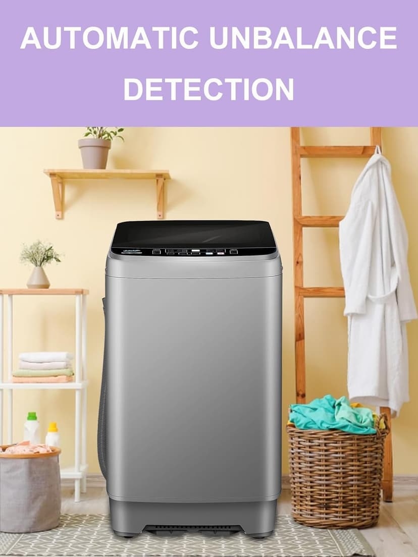 Full-Automatic Washing Machine 25 lbs Portable Washer 10 Wash Program & 8 Water Level with LED Display，Drain Pump, Come with a Glass Cover, Ideal for Apartments, RV, Camping, Grey