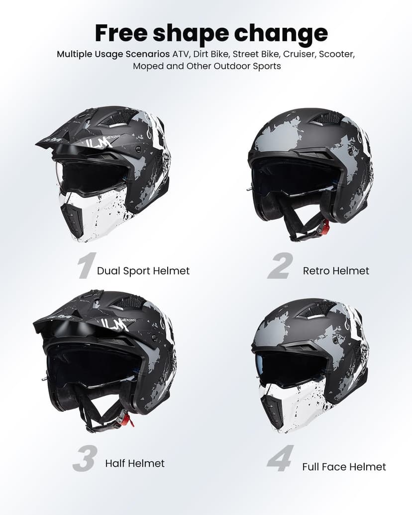 ILM Open Face Motorcycle 3/4 Half Helmet for Men and Women, Vintage Retro Helmet with Visor for Moped ATV Cruiser Scooter DOT Model Z302(Matte Skull,XX-Large)