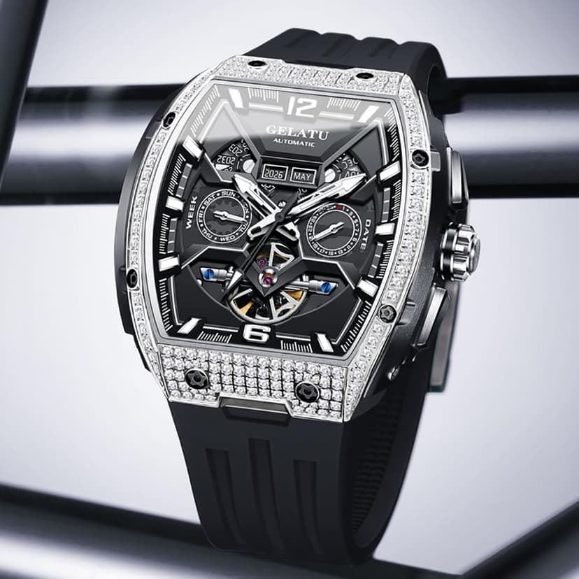 OLEVS GELATU Watch for Men Mechanical Luxury Diamond Watch Skeleton Automatic 50M Waterproof Sapphire Crystal Square Face Multi Calendar Function