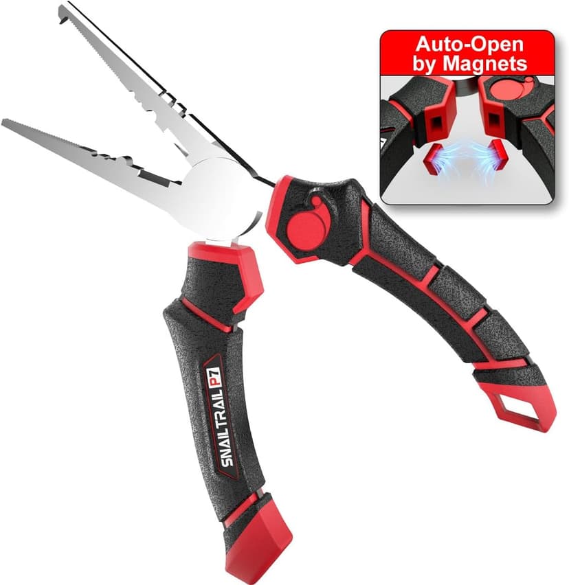 SNAIL TRAIL 7'' Fishing Pliers, Angled Head Split Ring Pliers, Auto-Open by Magnets, Corrosion Resistant Fish Hook Remover, Saltwater Crimping Shot & Wire Cutter Tool